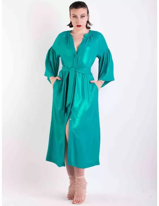 Maxi abito chemisier verde smeraldo lamè turchese | Maesta Curvy Maxi abito chemisier verde smeraldo lamè turchese | Maesta Curvy