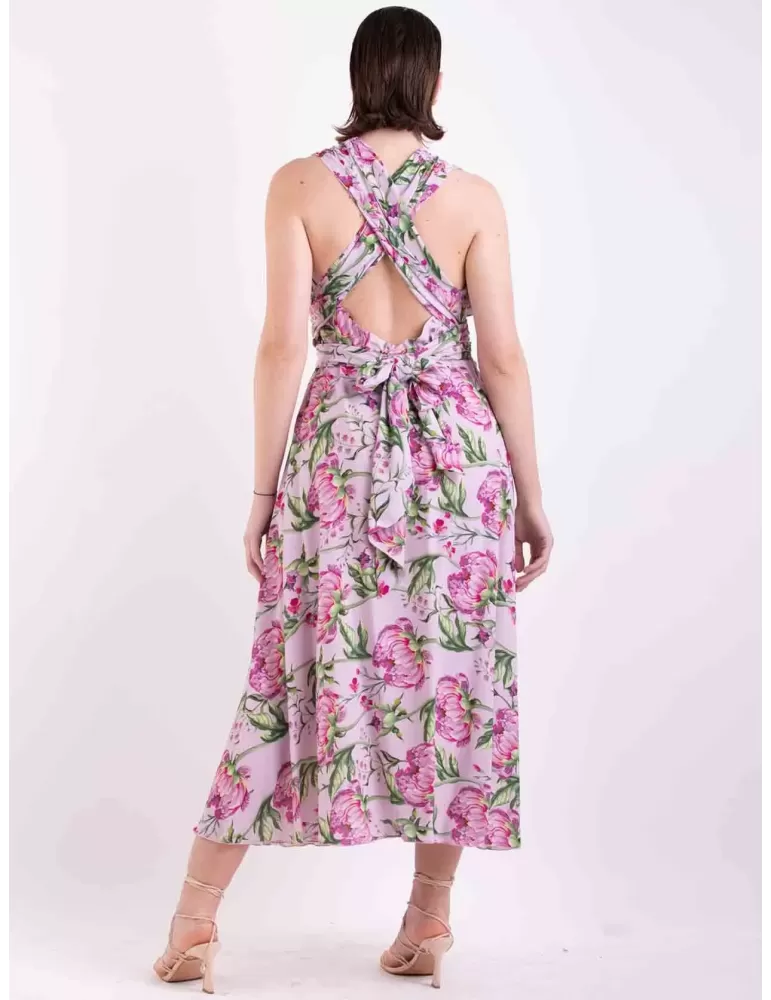 Maesta pink flowers silk low necked formal wide midi dress