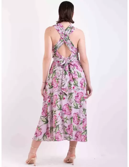 Maesta Milano | Abito lungo scollato in seta rosa a fiori fino tg 52