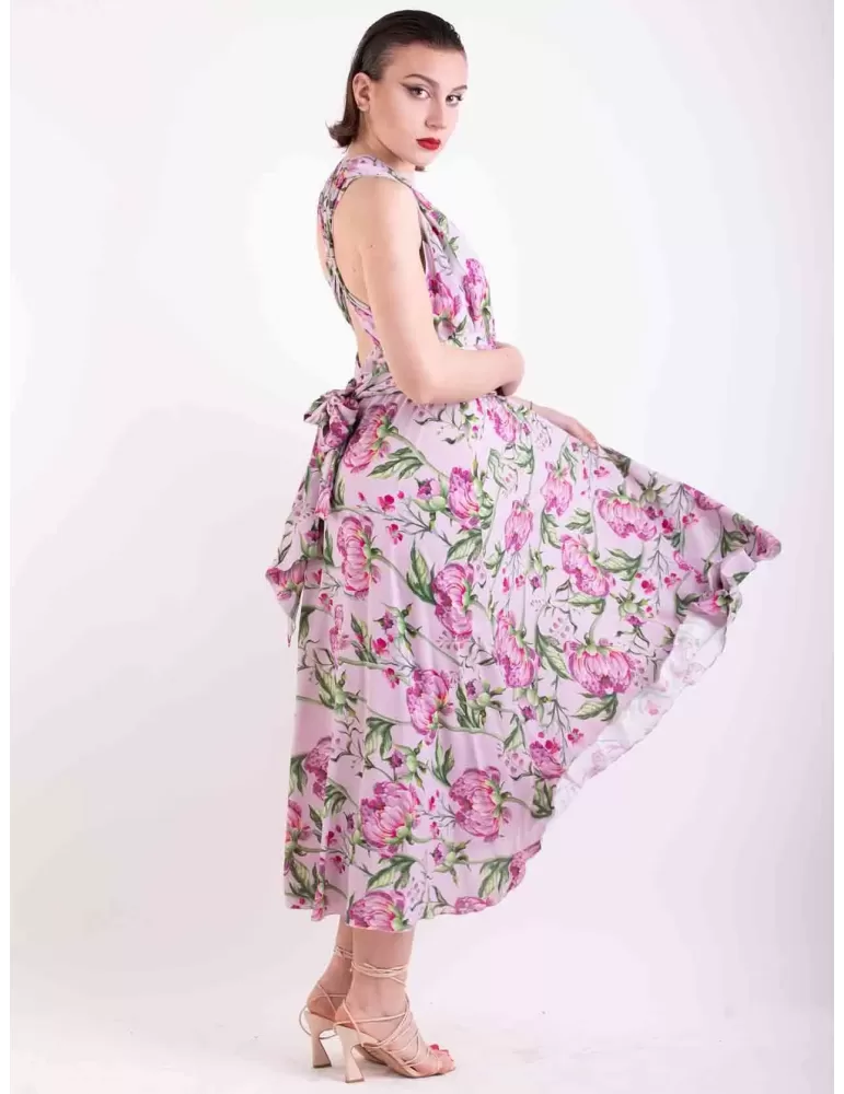 Maesta pink flowers silk low necked formal wide midi dress