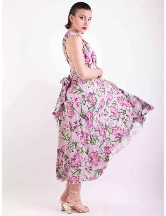 Maesta Milano | Abito lungo scollato in seta rosa a fiori fino tg 52