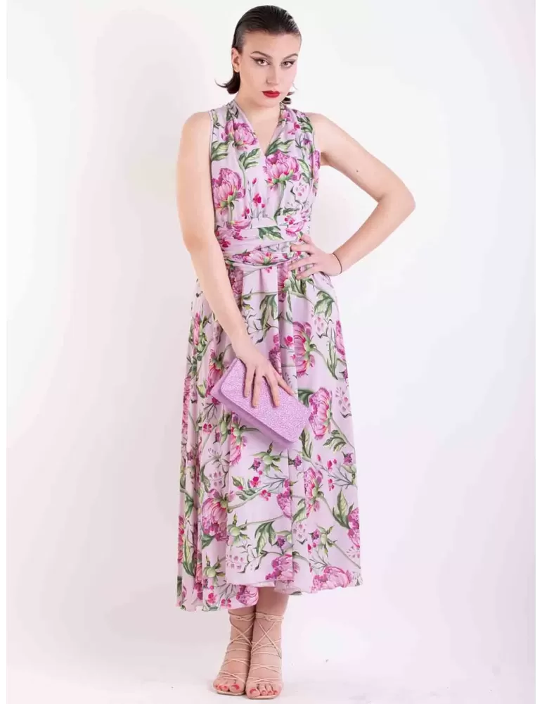 Maesta Milano Glam Pink flowers silk low necked formal wide midi dress