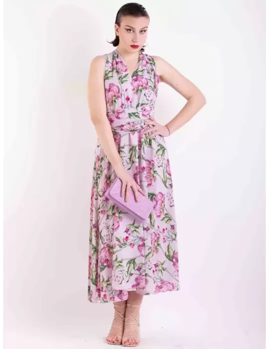 Maesta Milano | Abito lungo scollato in seta rosa a fiori fino tg 52