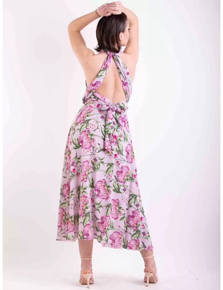 Maesta pink flowers silk low necked formal wide midi dress