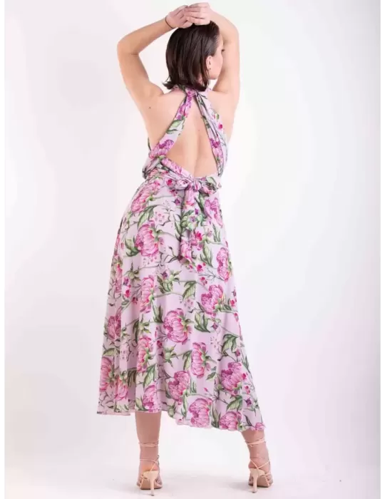 Maesta Milano | Abito lungo scollato in seta rosa a fiori fino tg 52