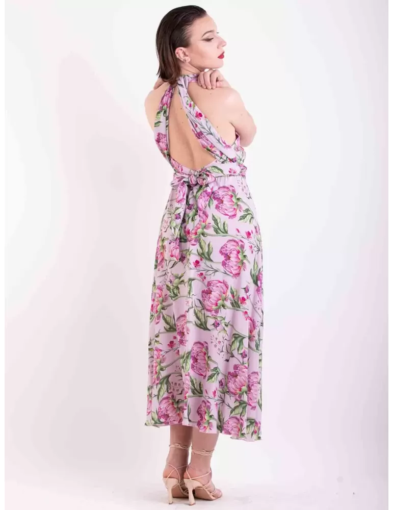 Maesta Milano Glam Pink flowers silk low necked formal wide midi dress