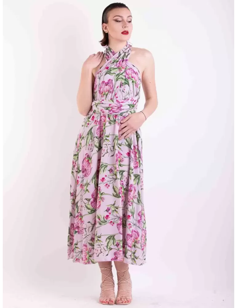 Maesta pink flowers silk low necked formal wide midi dress Maesta pink flowers silk low necked formal wide midi dress