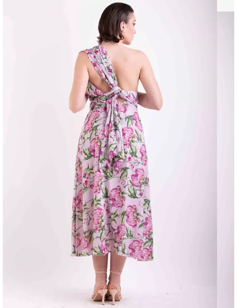 Maesta pink flowers silk low necked formal wide midi dress