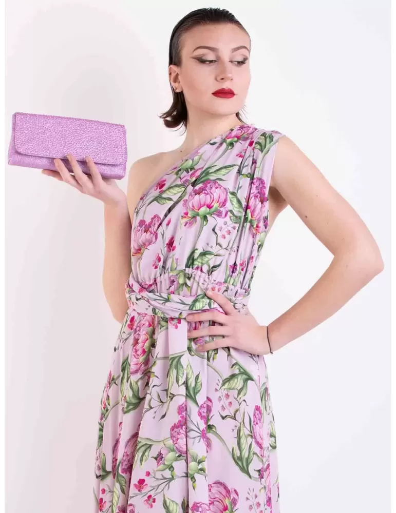 Maesta Milano Glam Pink flowers silk low necked formal wide midi dress