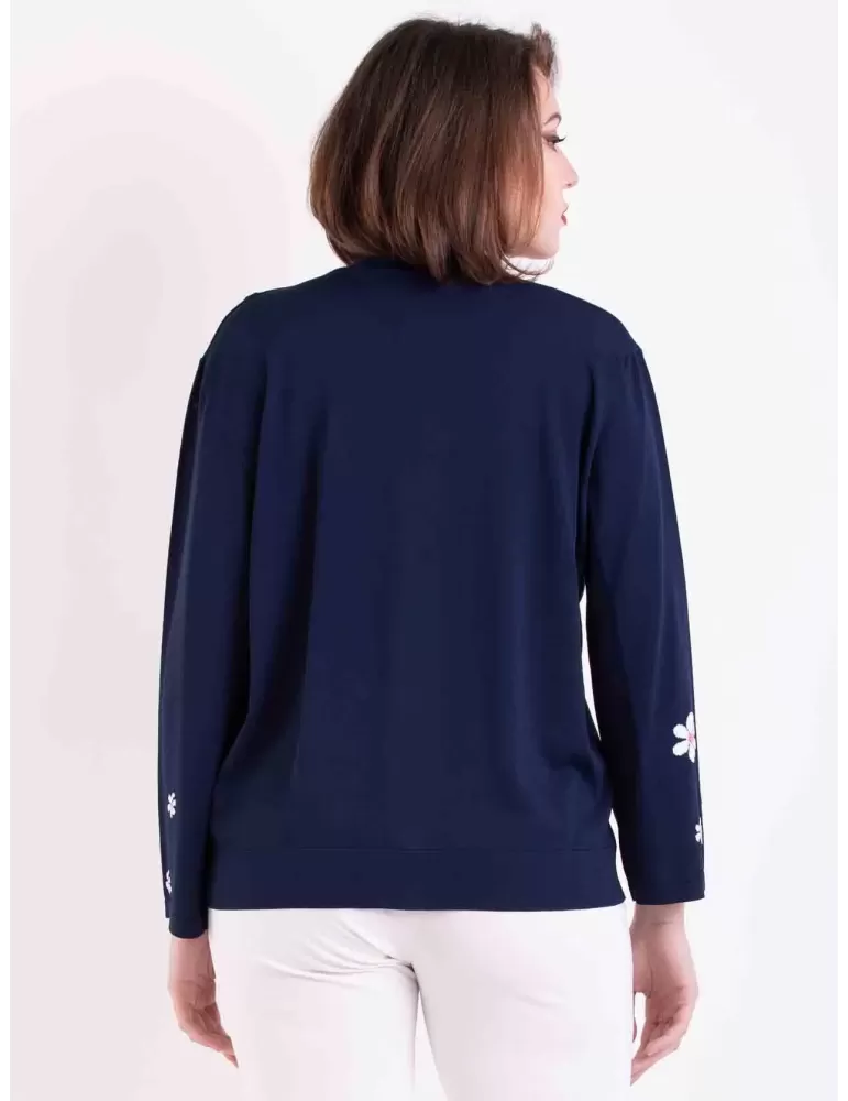 Volpato Italy | Dark blue knitted cardigan white flowers embroidery