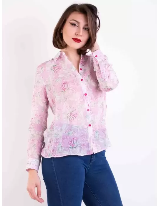 Camicia rosa a fiori puro lino Riva Tricot | Maglificio di Nibionno