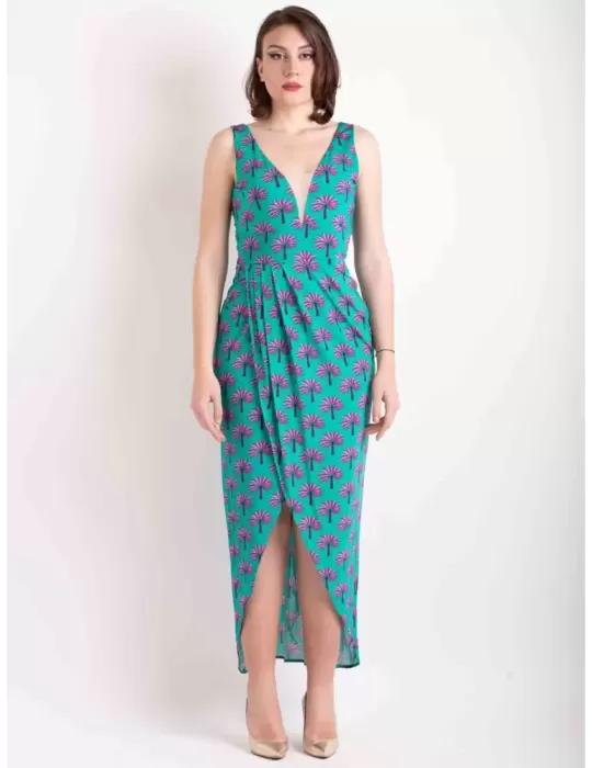 Maesta Milano pull-on low neck and split green long dress Maesta Milano pull-on low neck and split green long dress