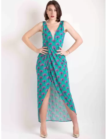 Abito lungo scollato in jersey fantasia palme verde e fucsia Maesta 2