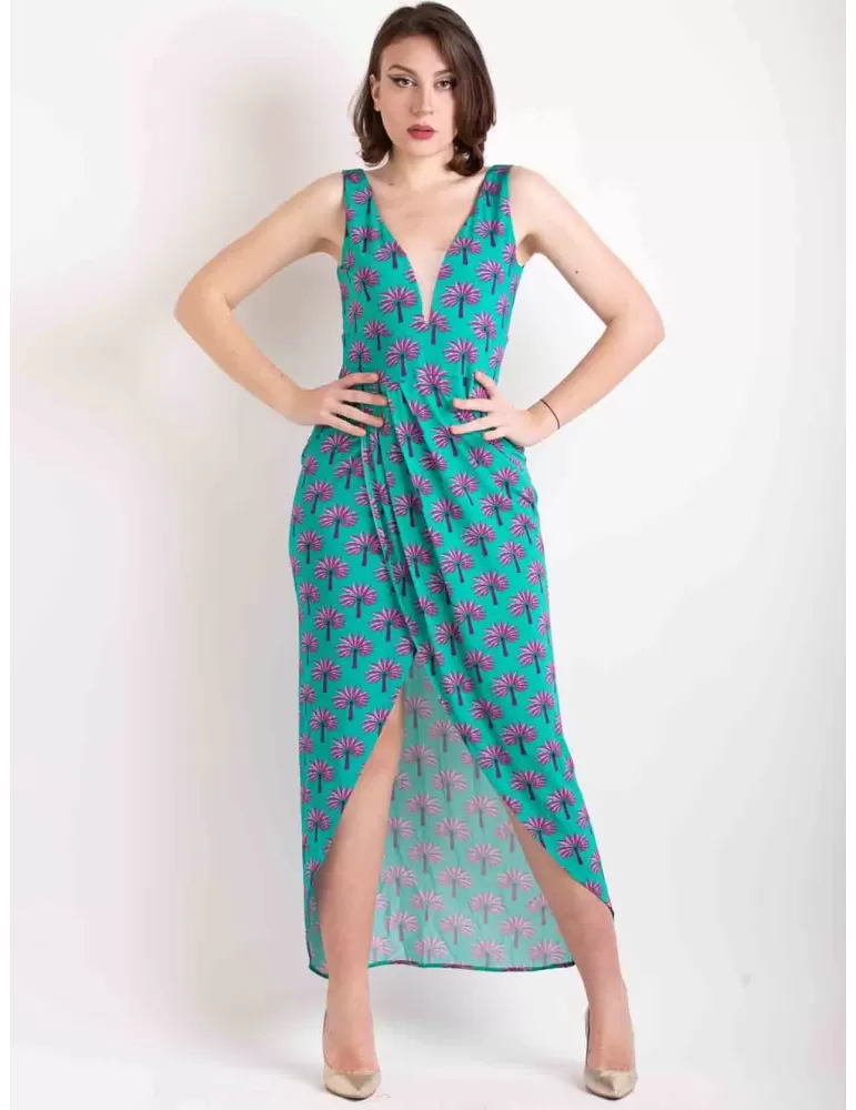 Maesta Milano pull-on low neck and split green long dress