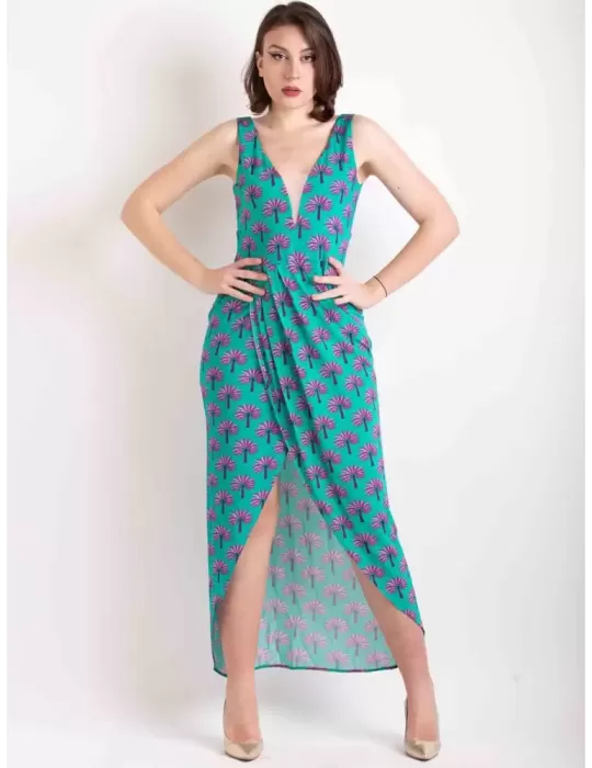 Abito lungo scollato in jersey fantasia palme verde e fucsia Maesta