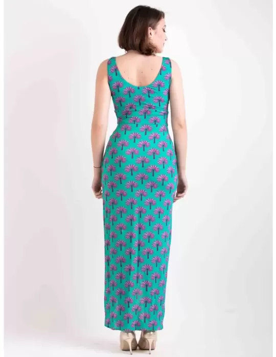 Maesta Milano pull-on low neck and split green long dress