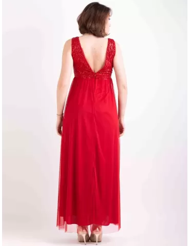 Red long sequins and mesh formal evening dress 2
