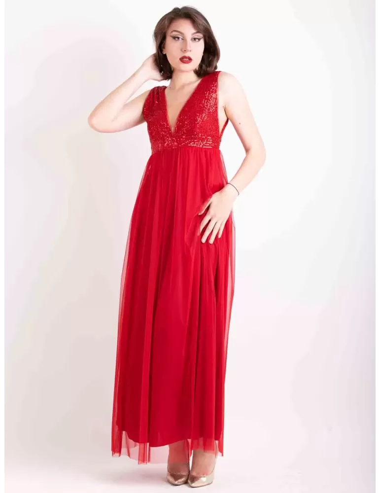 Red long sequins and mesh formal evening dress