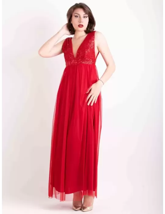 Red long sequins and mesh formal evening dress bridesmaid’s gown