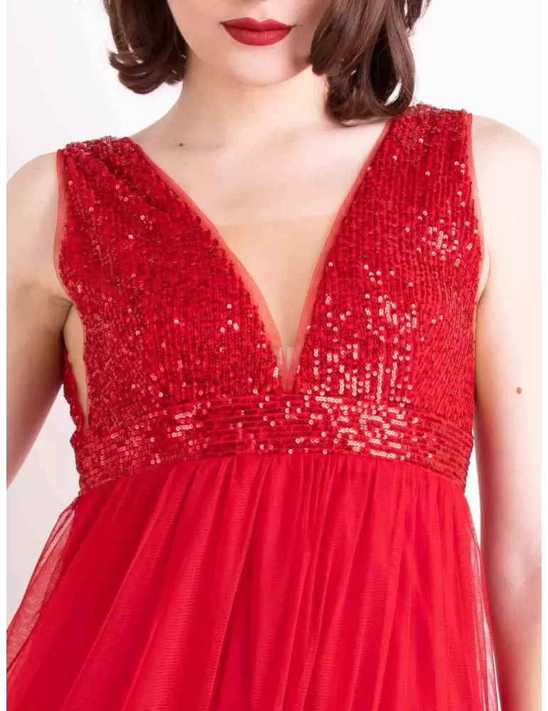 Red long sequins and mesh formal evening dress