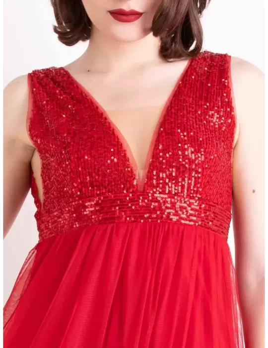 Red long sequins and mesh formal evening dress bridesmaid’s gown