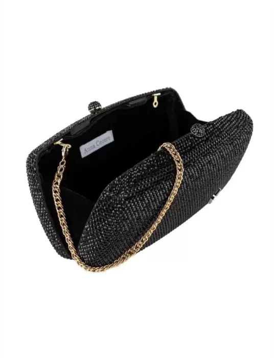 Borsa nera gioiello di strass con logo oro Anna Cecere Bags aca0130