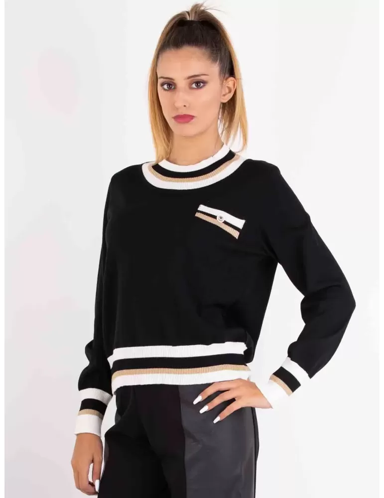 Piero Moretti black merino wool golden profiled sweater Piero Moretti black merino wool golden profiled sweater