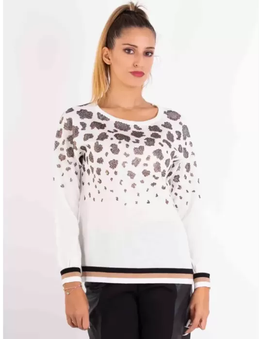 Piero Moretti 2023-24 | Maglia nera lana con cascata strass animalier Piero Moretti 2023-24 | Maglia nera lana con cascata strass animalier