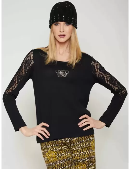 Mercuriali F/W 2023-24 | Black formal shirt with lace and rhinestones Mercuriali F/W 2023-24 | Black formal shirt with lace and rhinestones