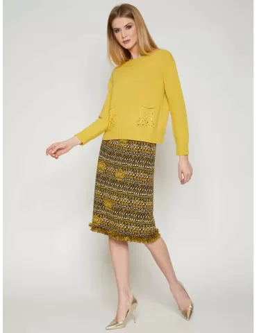 Yellow cashmere wool box sweater with pockets & rhinestones 2