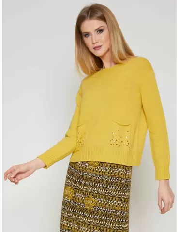 Yellow cashmere wool box sweater with pockets & rhinestones