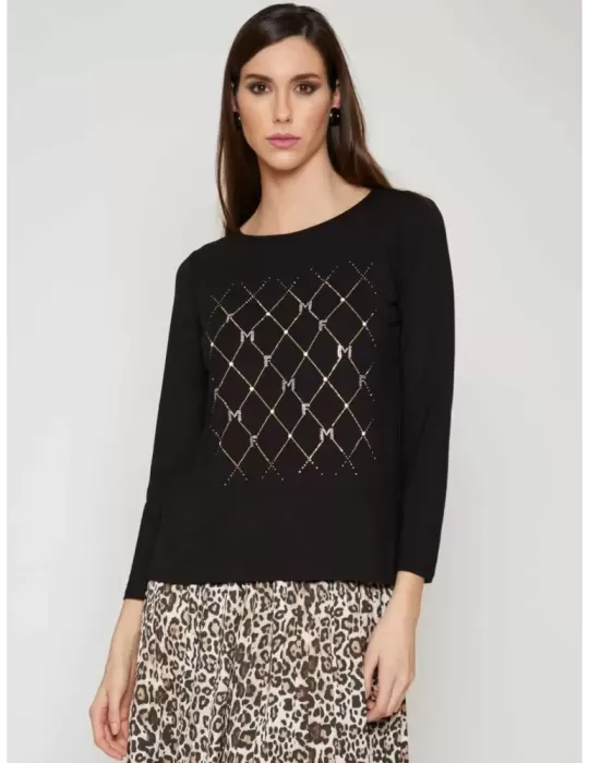 Francesca Mercuriali T-shirt nera maniche lunghe con borchie e strass Francesca Mercuriali T-shirt nera maniche lunghe con borchie e strass