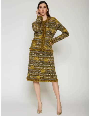 Mercuriali yellow wool crowns jacquard jacket with fringes