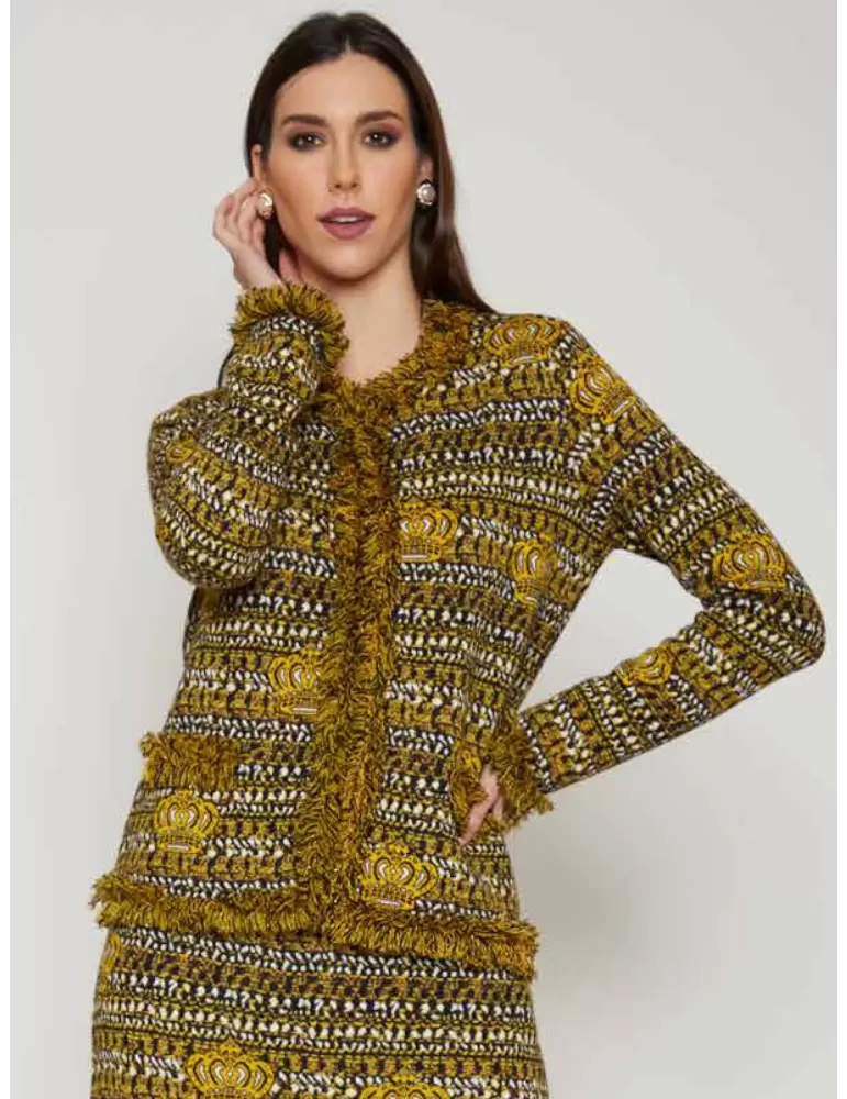 Mercuriali yellow wool crowns jacquard jacket with fringes