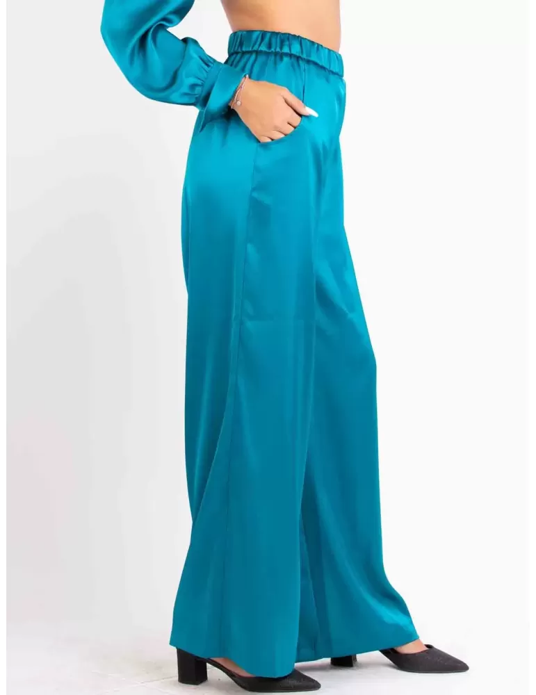 Maesta Milano turquoise silk satin pull-on palazzo trousers Maesta Milano turquoise silk satin pull-on palazzo trousers