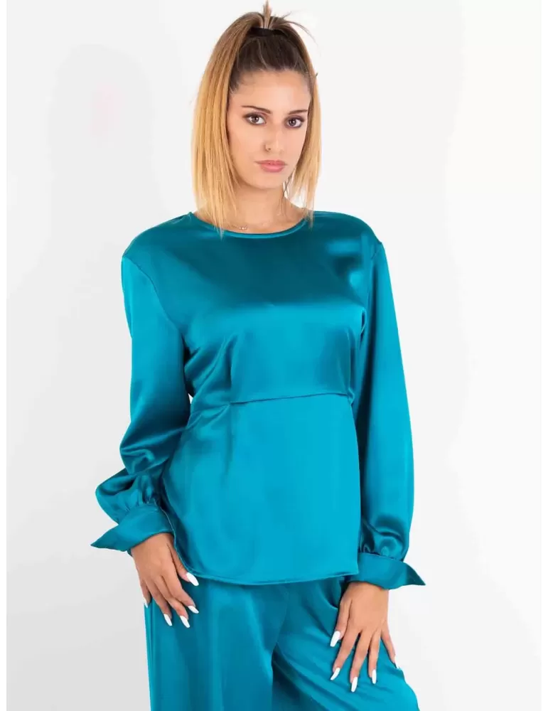 Maesta Milano Italy | Turquoise silk pull-on oversize blouse shirt Maesta Milano Italy | Turquoise silk pull-on oversize blouse shirt