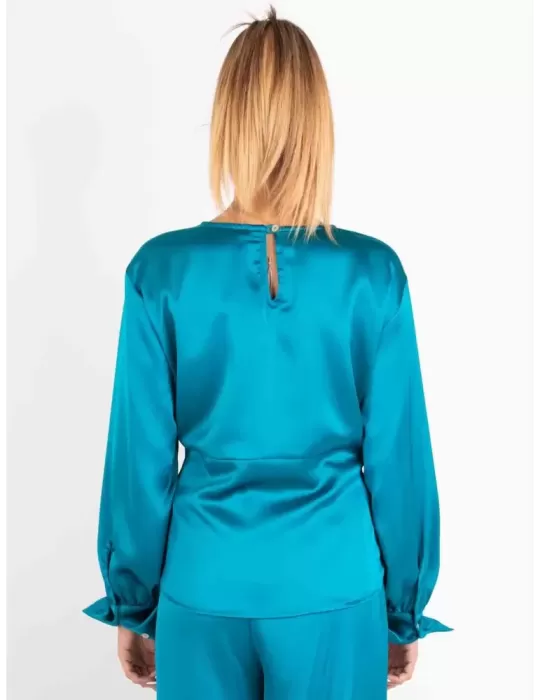 Camicia blusa raso turchese del completo pantaloni Maesta Milano