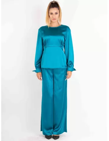 Maesta Milano turquoise silk satin pull-on palazzo trousers 2