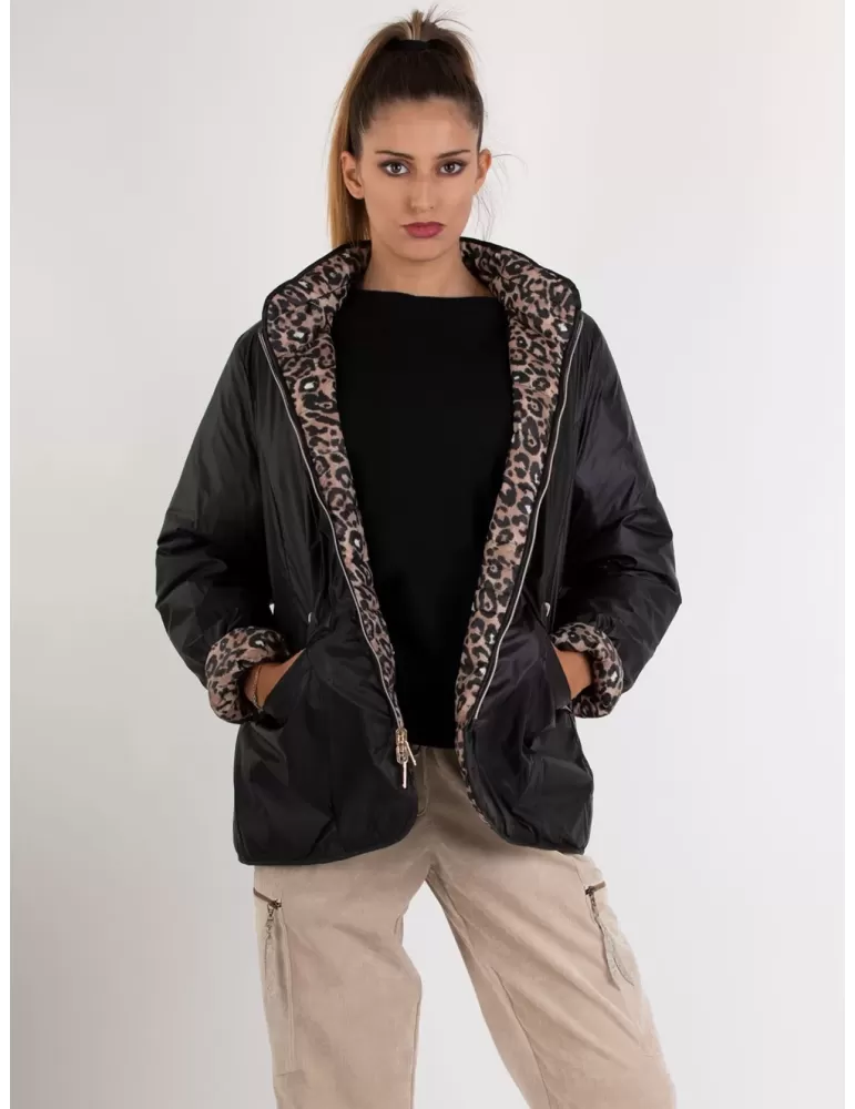 Black and spotted silk reversible hooded padded jacket