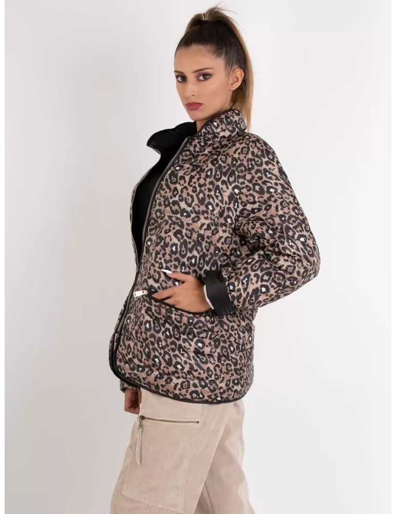 Black and spotted silk reversible hooded padded jacket
