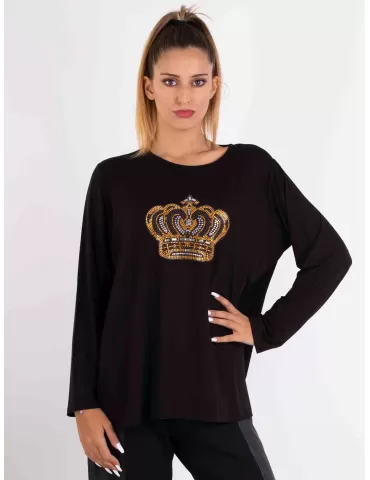 Francesca Mercuriali T-shirt nera maniche lunghe con corona di strass