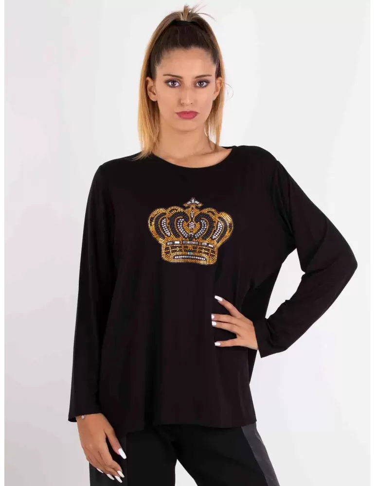 Francesca Mercuriali T-shirt nera maniche lunghe con corona di strass Francesca Mercuriali T-shirt nera maniche lunghe con corona di strass