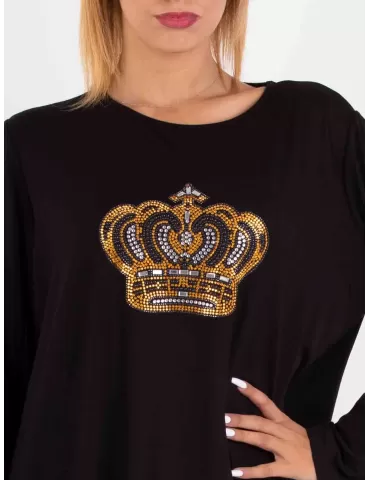 Francesca Mercuriali T-shirt nera maniche lunghe con corona di strass 2