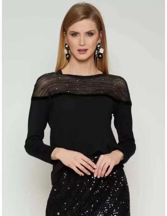 Mercuriali F/W 2023-24 | Black formal shirt with mesh and rhinestones Mercuriali F/W 2023-24 | Black formal shirt with mesh and rhinestones