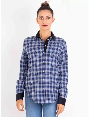 Zanetti Italy white and blue cotton fleece plaid and velvet shirt