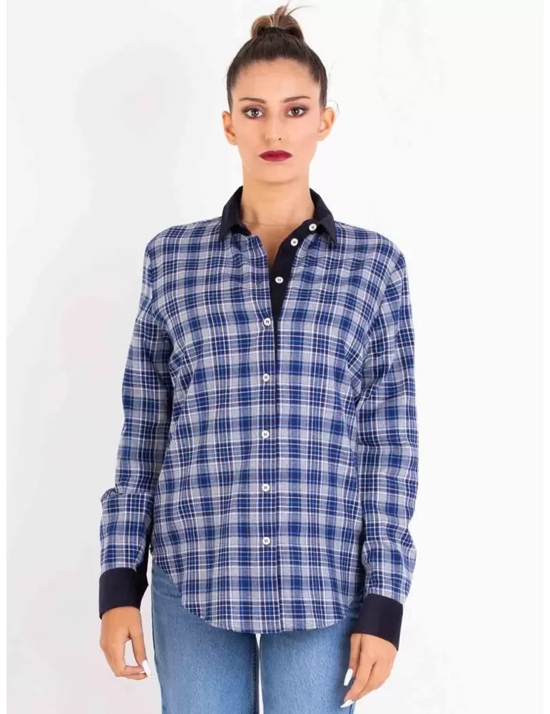 Zanetti Italy white and blue cotton fleece plaid and velvet shirt Zanetti Italy white and blue cotton fleece plaid and velvet shirt