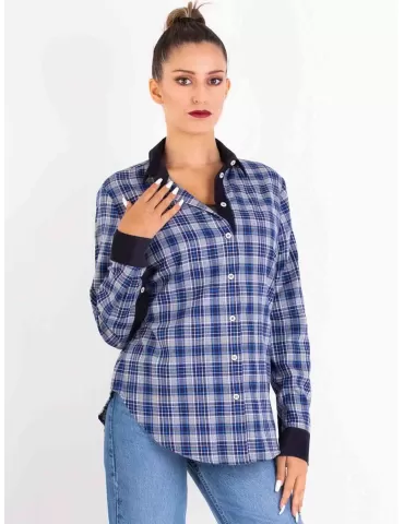 Zanetti Italy | White blue winter cotton fleece plaid shirt for ladies 2