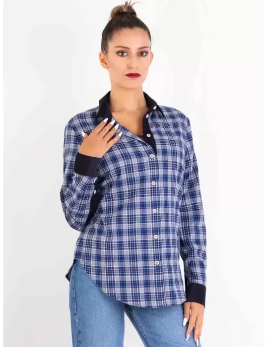 Zanetti Italy | White blue winter cotton fleece plaid shirt for ladies