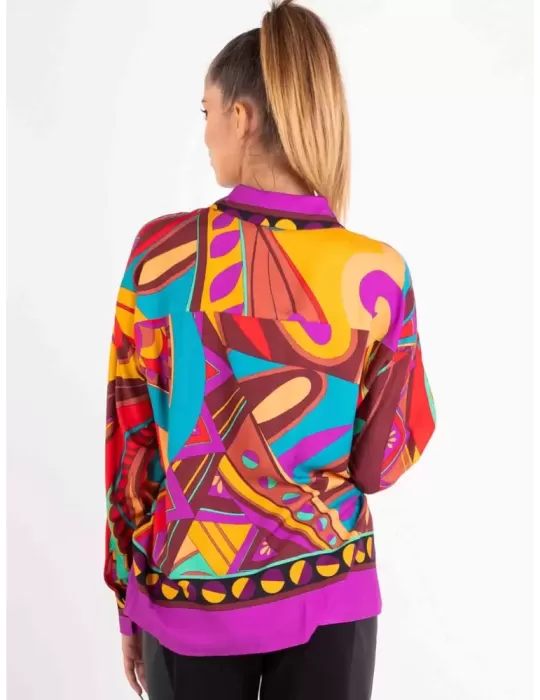 Petrol green orange purple hippy printed viscose fleece shirt