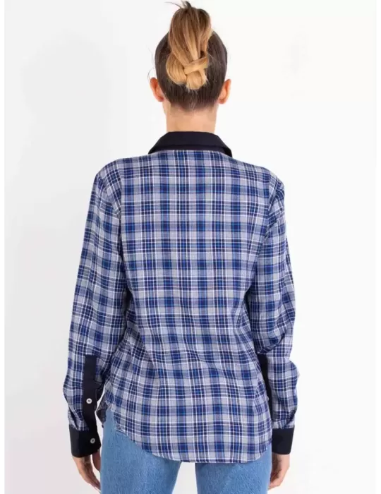 Zanetti Italy | White blue winter cotton fleece plaid shirt for ladies